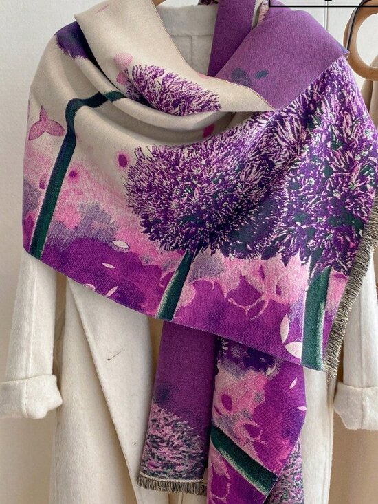 Accessories - Purple Floral Jacquard Women's Casual Thick Warm Shawl Scarf Rectangular scarf